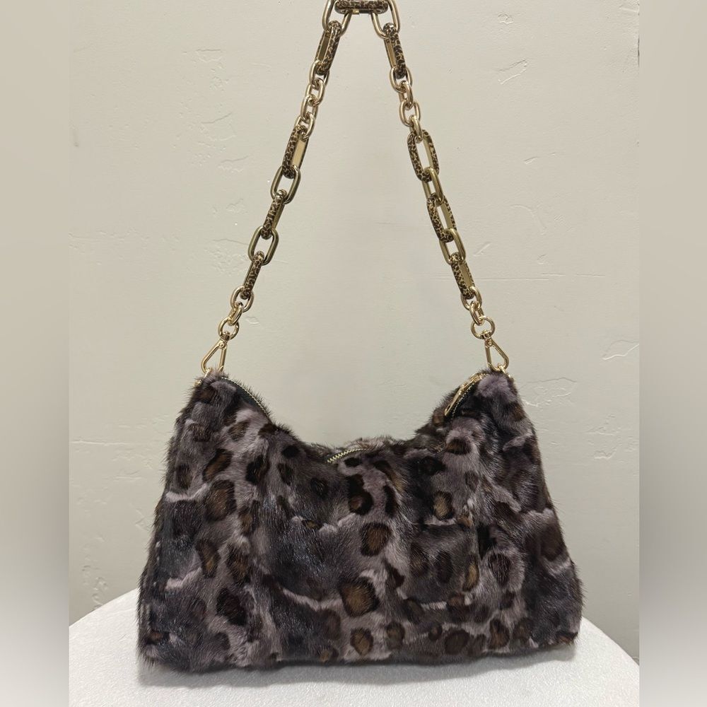 Leopard Real Mink Fur Handmade Large Clutch/Shoulder Bag/Crossbody, Multi Use